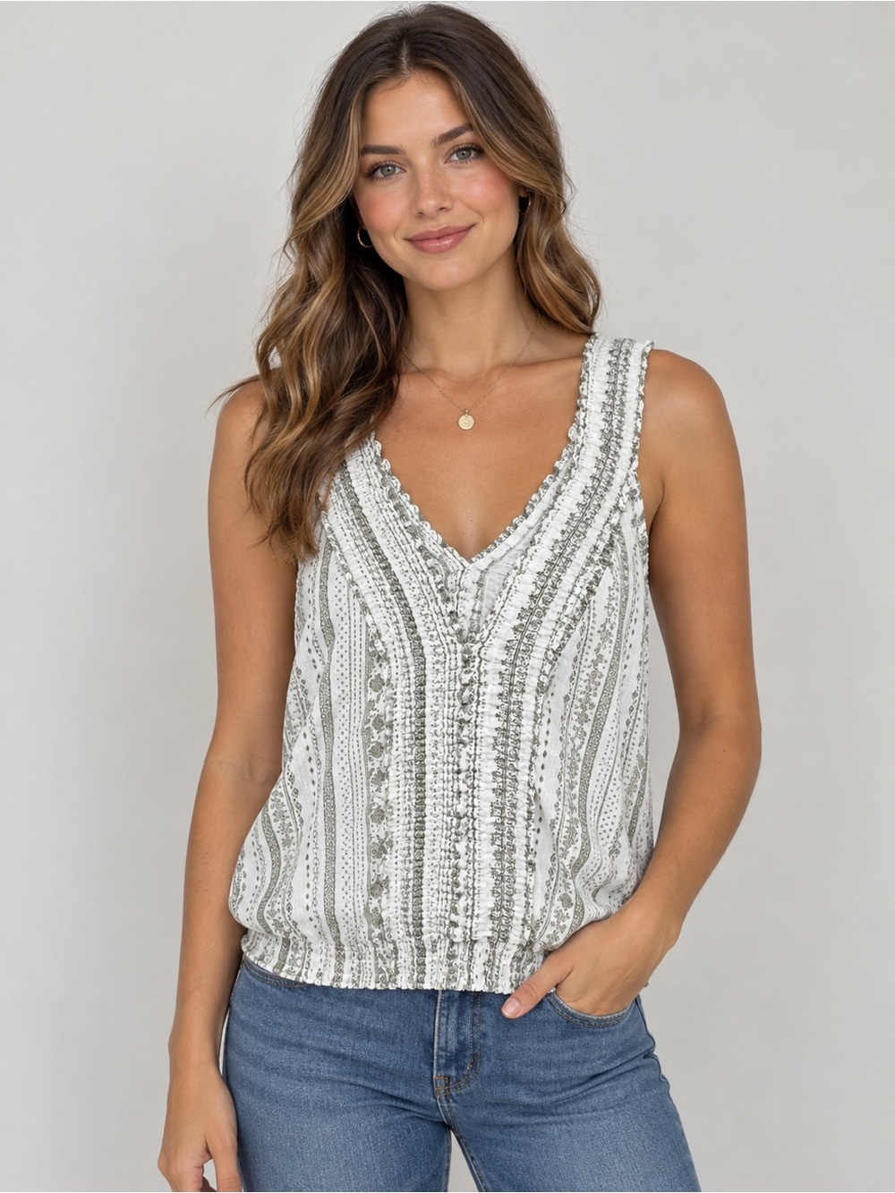 Daytrip Striped V-Neck Smocked Hem Camisole - White & Sage